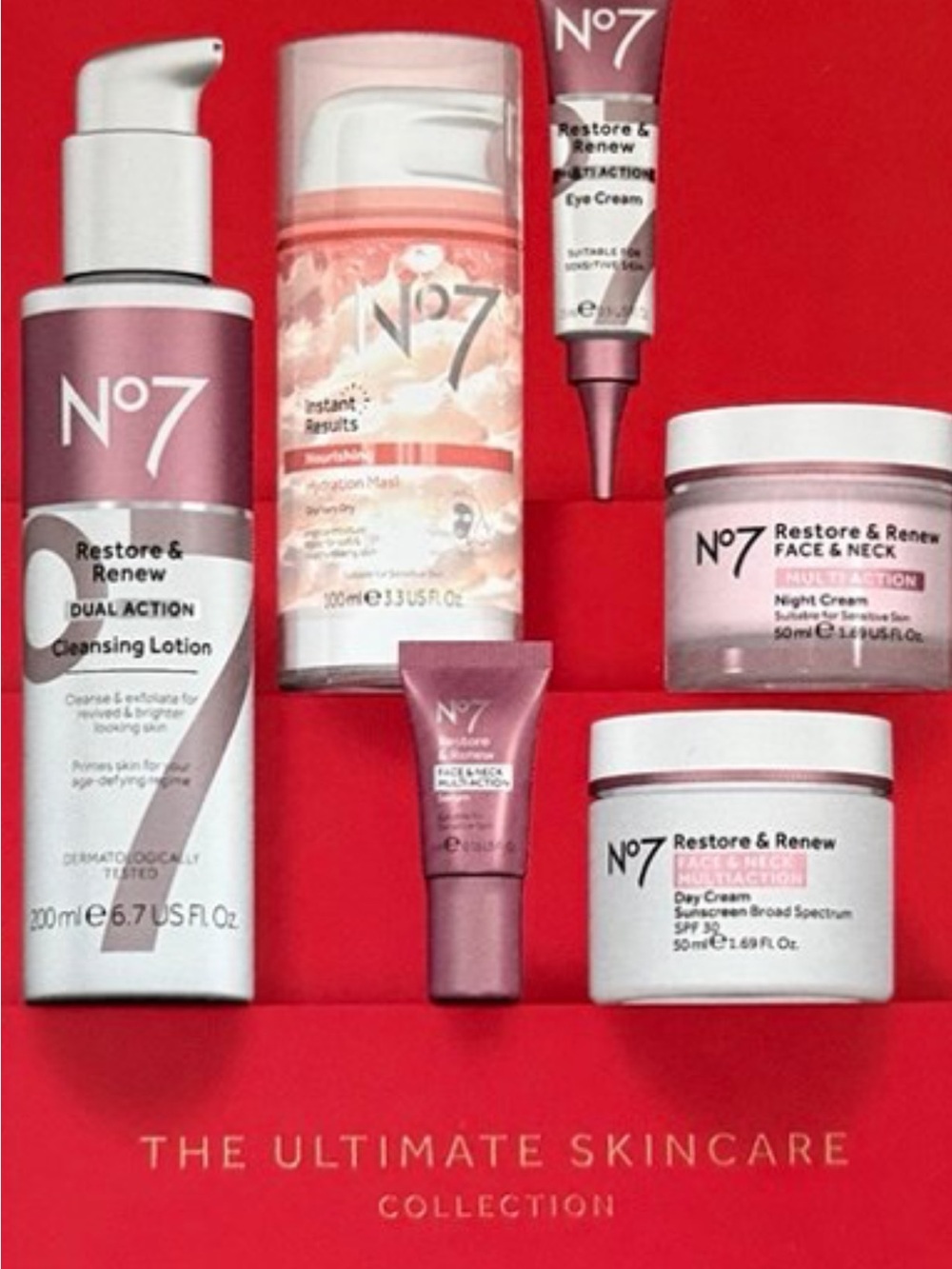 no 7 Restore & Renew Women's Skincare gift Set - red n gold box